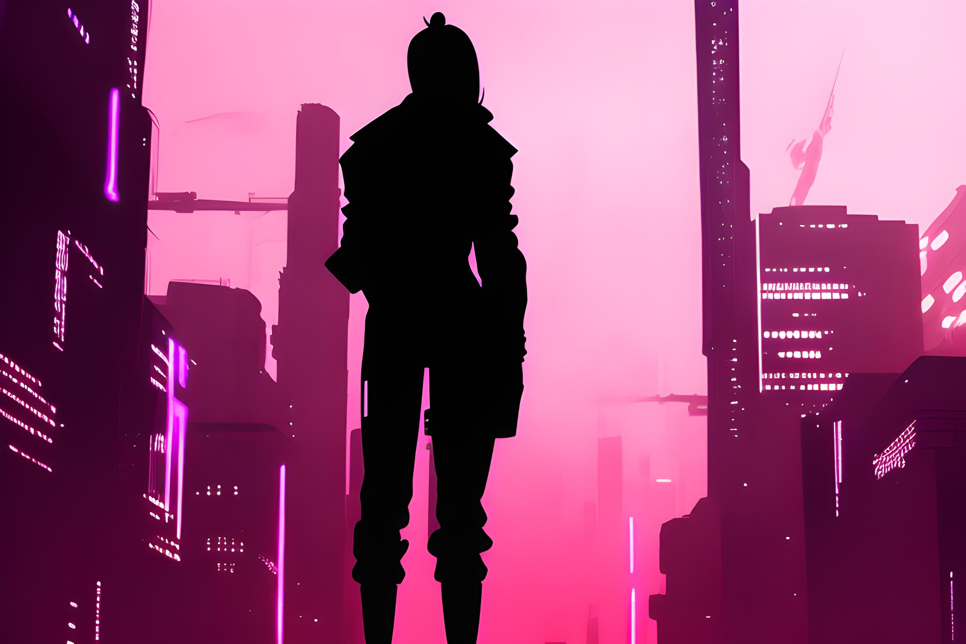 Une silhouette urbaine cyberpunk la nuit, illuminée par des néons